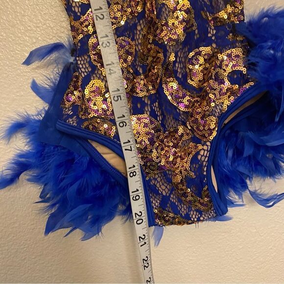 Glamour dance costume solo gold sequin blue feather sassy salsa jazz MC child - Picture 9 of 11